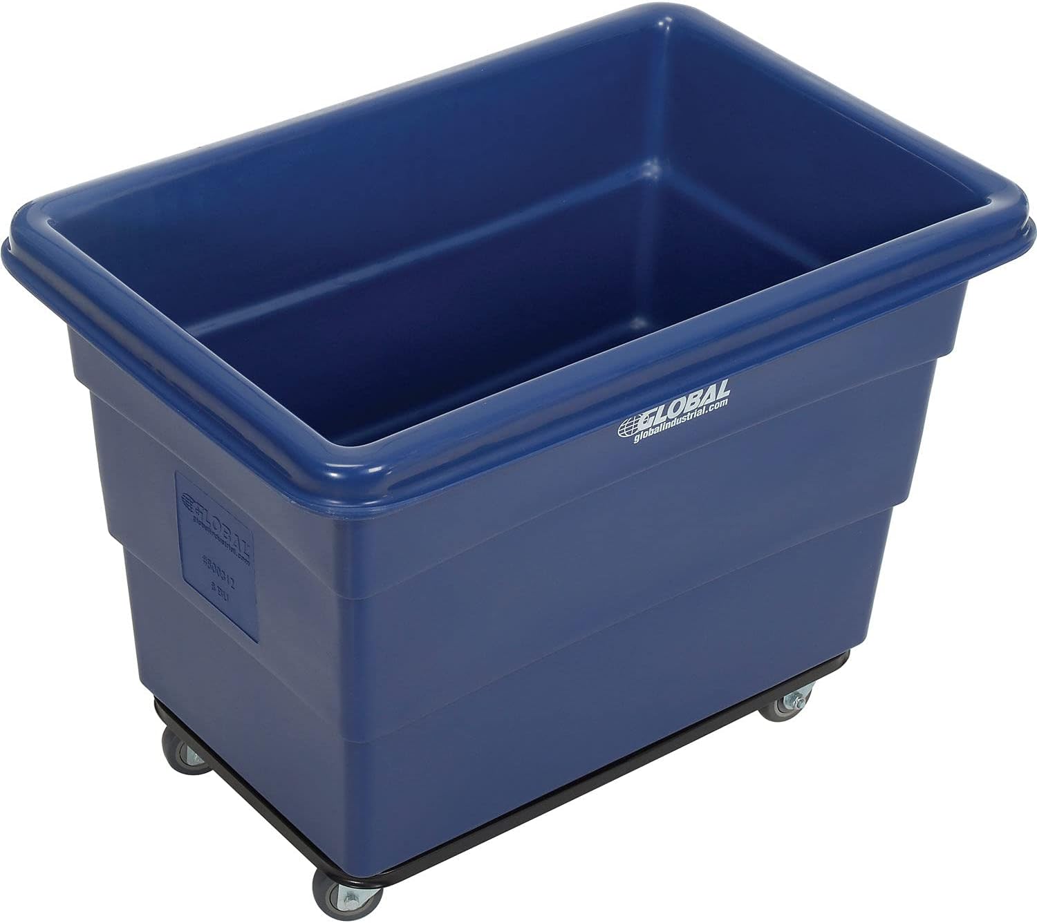 Global Industrial 8 Bushel Plastic Bulk Box Truck, Steel Chassis Base, 800 lbs. Capacity, 3" Non-Maring Rubber Casters, Blue, 33-3/10"L x 24-3/5"W x 27-2/5"H