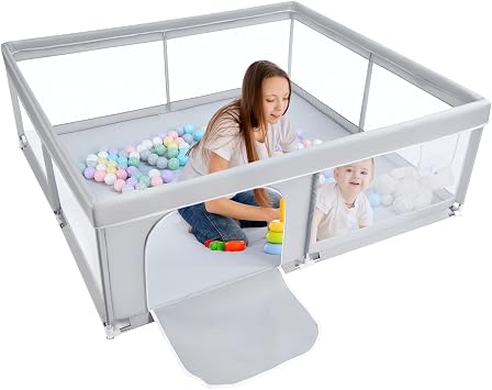BEJOY Baby Playpen for Baby and Toddlers, Durable Play Pen, 150cm, Grey | Foam Protection, Anti-Slip Safety Play Yard with Transparent Breathable Mesh Round Zipper Door Kids Activity Centre