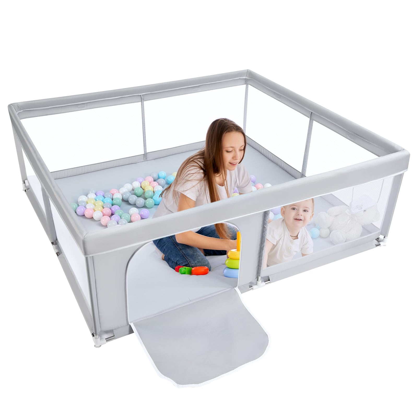 BEJOY Grand Parc pour Bébé, XXL 180x200cm Compact et Solide, Protection en Mousse, Parc de Jeu de Sécurité Antidérapant avec Porte à Fermeture Éclair Ronde en Maille Respirante Centre D'activités