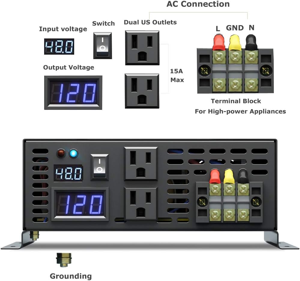 Flash Deals - 70% OFF WZRELB Pure Sine Wave Power Inverter 2500 Watt Continuous / 5000 Watt Peak 48V DC to 120V AC Solar Power Converter with Dual AC Outlets & LED Display