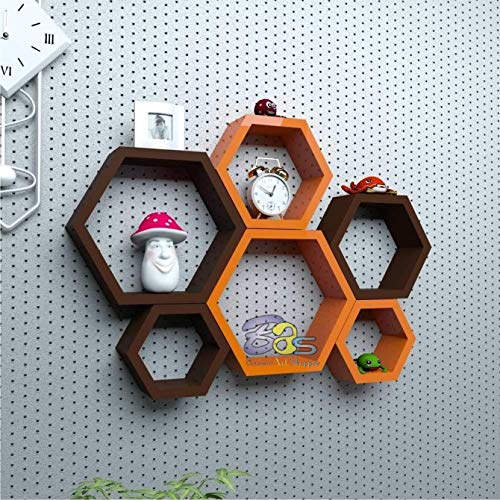 Image of BAS Engineered Wood Brown Art Decorative Display With Hexagon Shape Set Of 6 Floating Wall Shelves And Racks For Living Room (Brown & Orange)