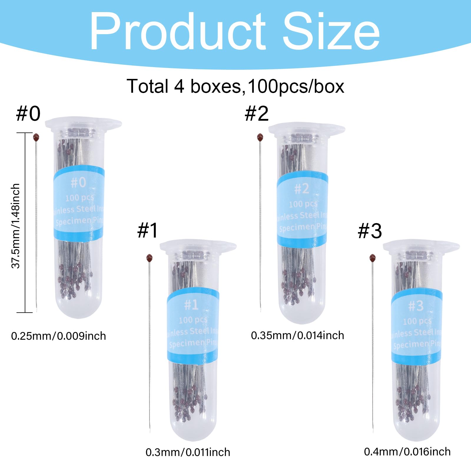 GLOBLELAND 400Pcs 4 Sizes Stainless Steel Insect Pins Specimen Entomology Pins and Butterfly Collections Needle for School Butterfly Collectors with Plastic Bottles (Size # 0 1 2 3) - Image 2