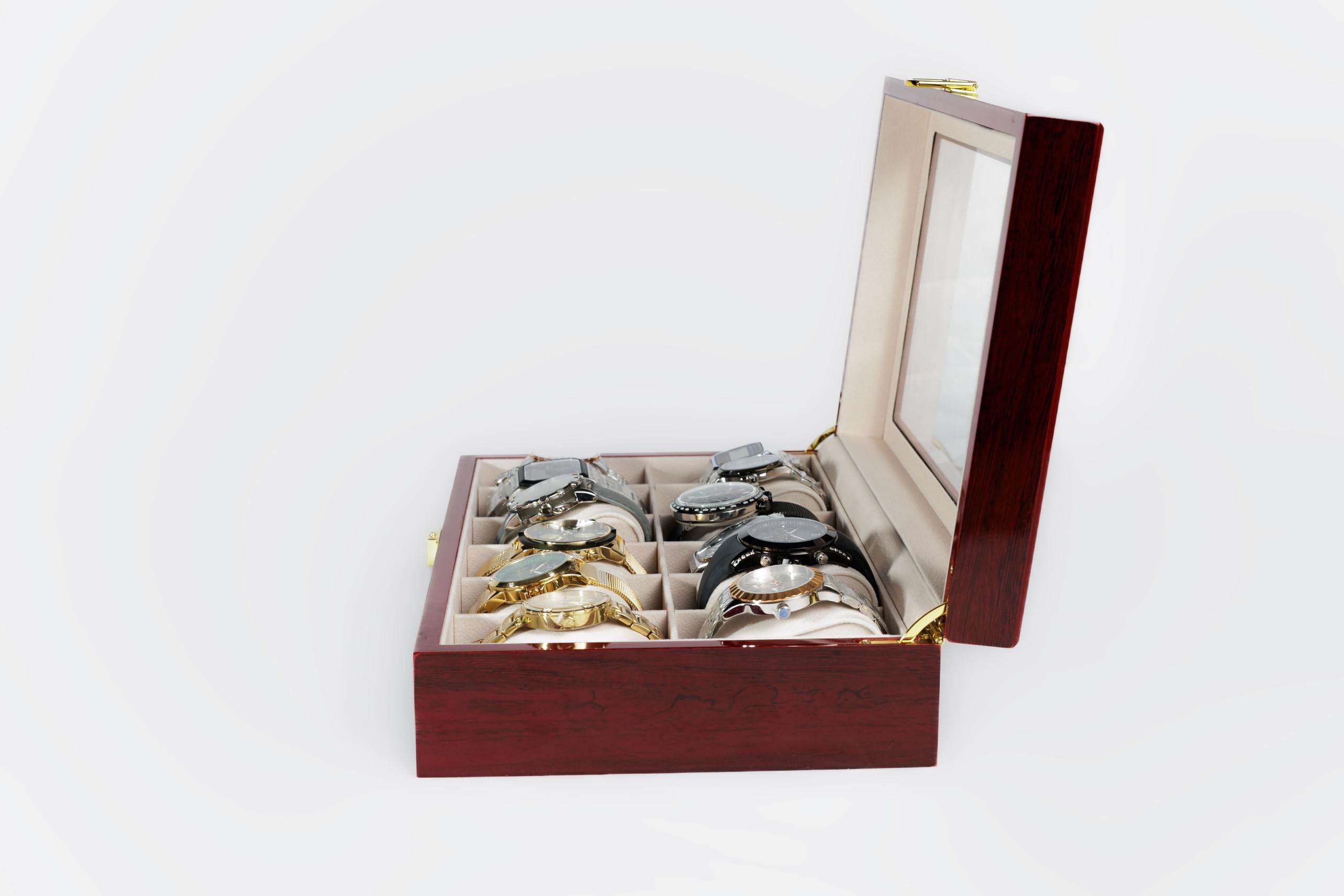 Caja Organizadora para Relojes de Madera Roja con Tapa de Cristal Templado, 12 Compartimentos con Interior de Ante Sintético, Incluye Gamuza Limpiadora. Ideal Para Regalo