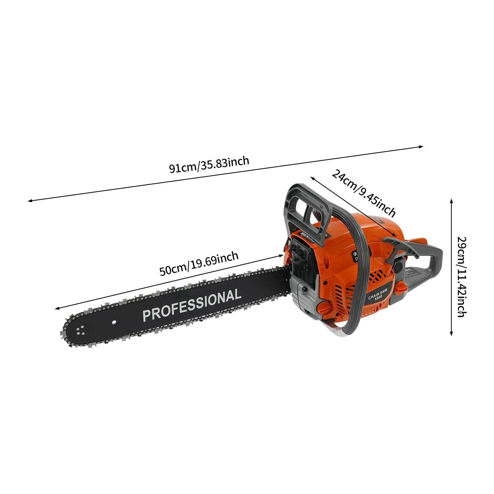 Piła łańcuchowa spalinowa 58 cm³, miecz 20", silnik 2-suwowy, redukcja wibracji, automatyczne smarowanie łańcucha, do pielęgnacji ogrodu, drewna opałowego i cięcia drzew, w tym funkcje bezpieczeństwa