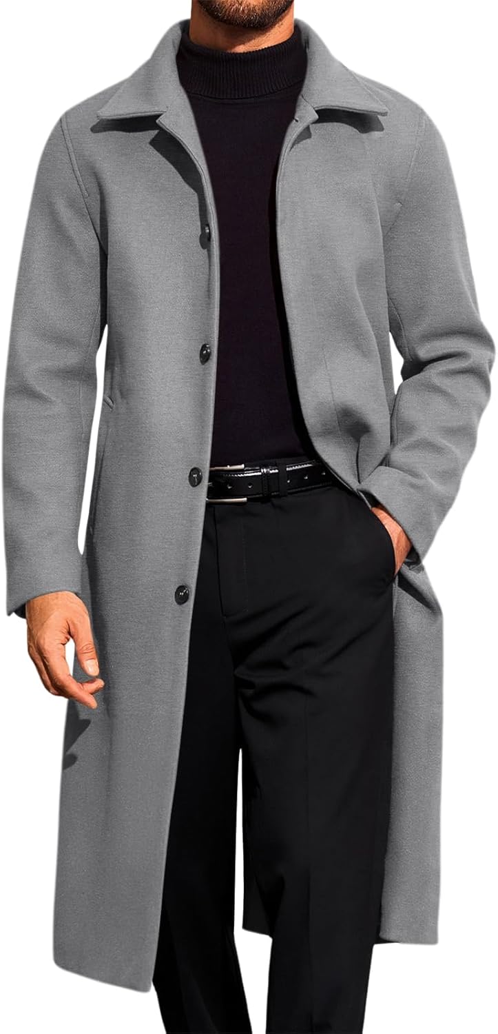 Runcati Mens Long Trench Coat Single Breasted Lapel Overcoat Casual Fall Winter Warm Peacoat