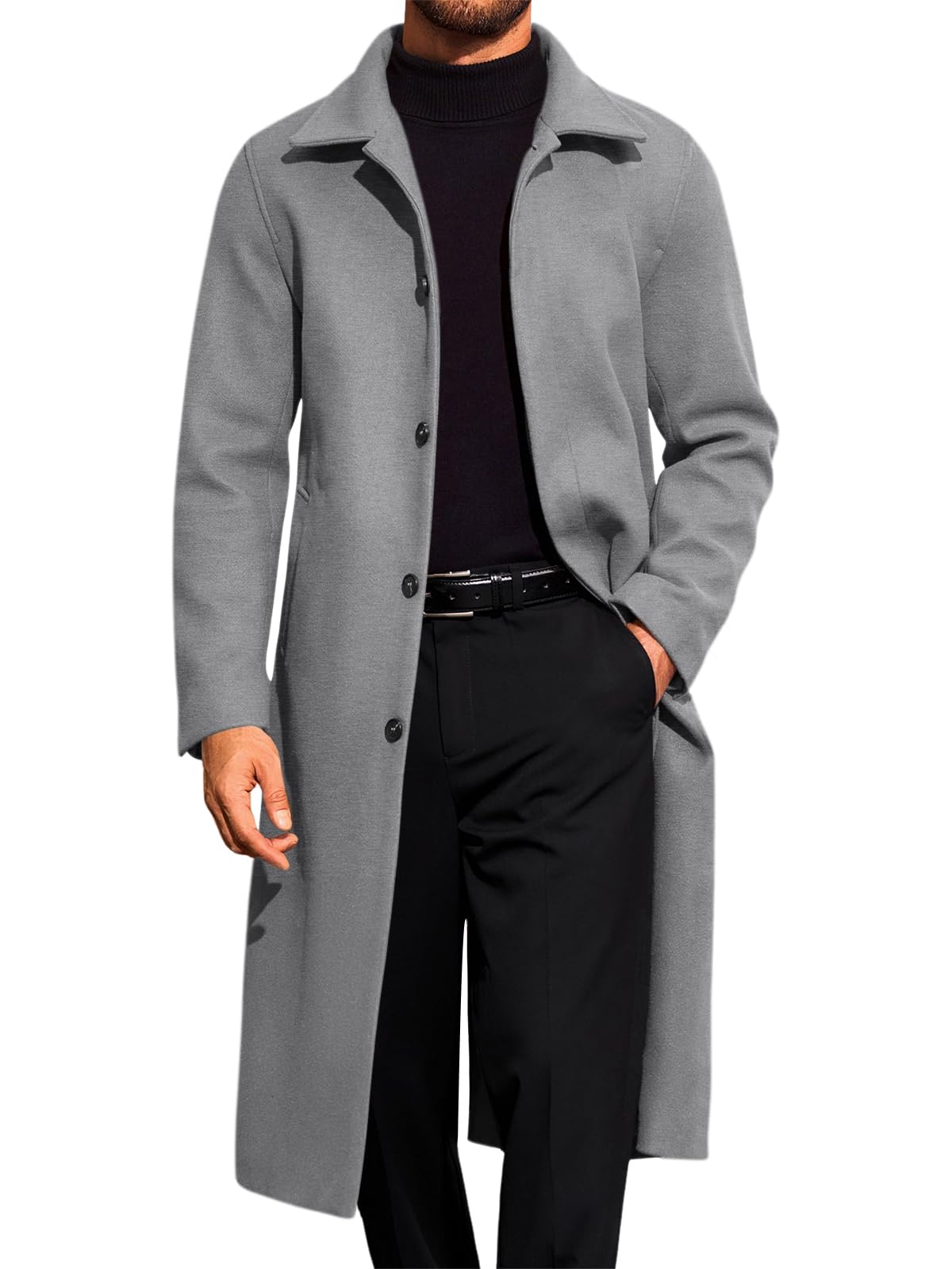 Runcati Mens Long Trench Coat Single Breasted Lapel Overcoat Winter Peacoat | Casual, Fall Winter Warm, Long, Hide Button Closure, Two Side Slant