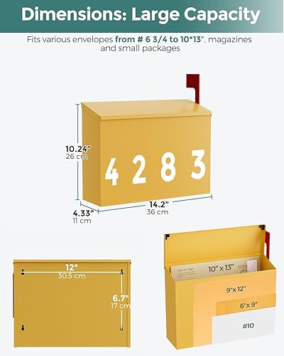 Miniatura 86 de LAND·VOI Buzón de pared con un kit de bandera y tres juegos de calcomanías de números de buzón de 0 a 9, buzones para exterior, buzón de metal Negro