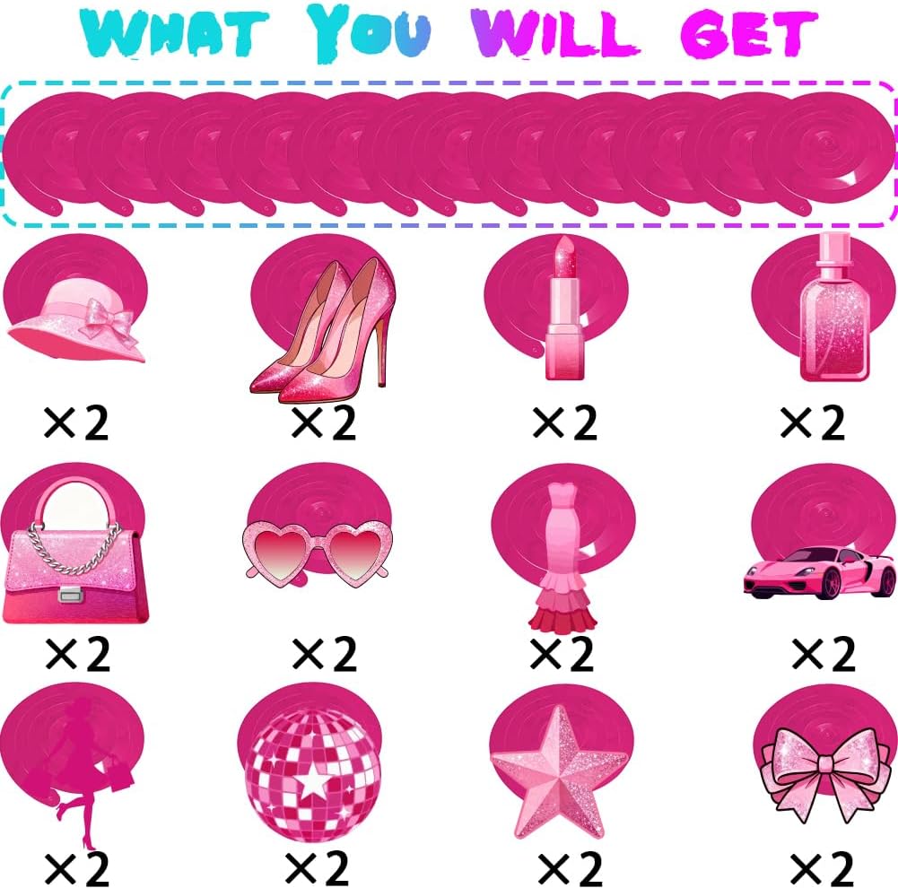 48Pcs 12 Styles Pink Swirl Party Decorations Hanging Ceiling Swirls Princess High Heels Lipstick Bow Bag Pattern Plastic Paper Streamers for Lady Theme Birthday Party Decoration Supplies