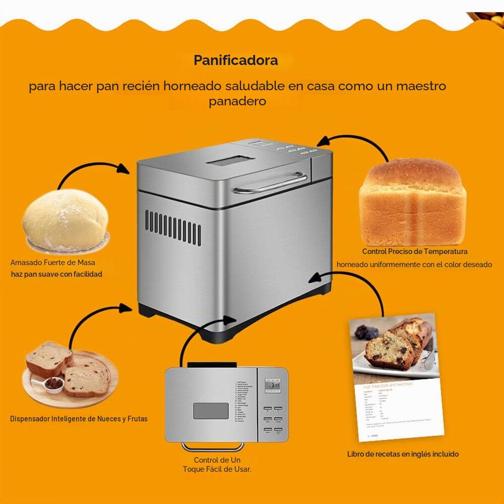Panificadora 19 en 1, de acero inoxidable con panel táctil digital, 650 W, con caja automática de ingredientes