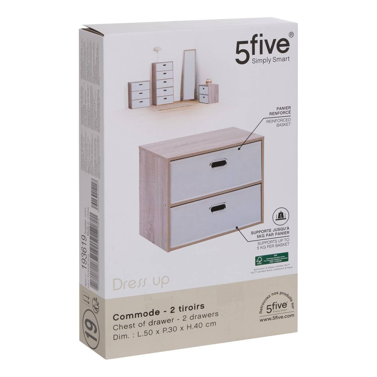 5 five simply smart 5Five - Cassettiera beige in fibra di legno - 2 cassetti - 50x30x40 cm - Mobile contenitore funzionale, ideale per organizzare la camera da letto.