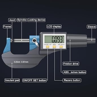 HDLKNAK Digital Micrometer, Outside Micrometer Precision Measuring Tool, 0-1/0-25 mm, Inch/Metric 0.00005/0.001 mm, Machinist Thickness Gauge Tool, Large LCD Display
