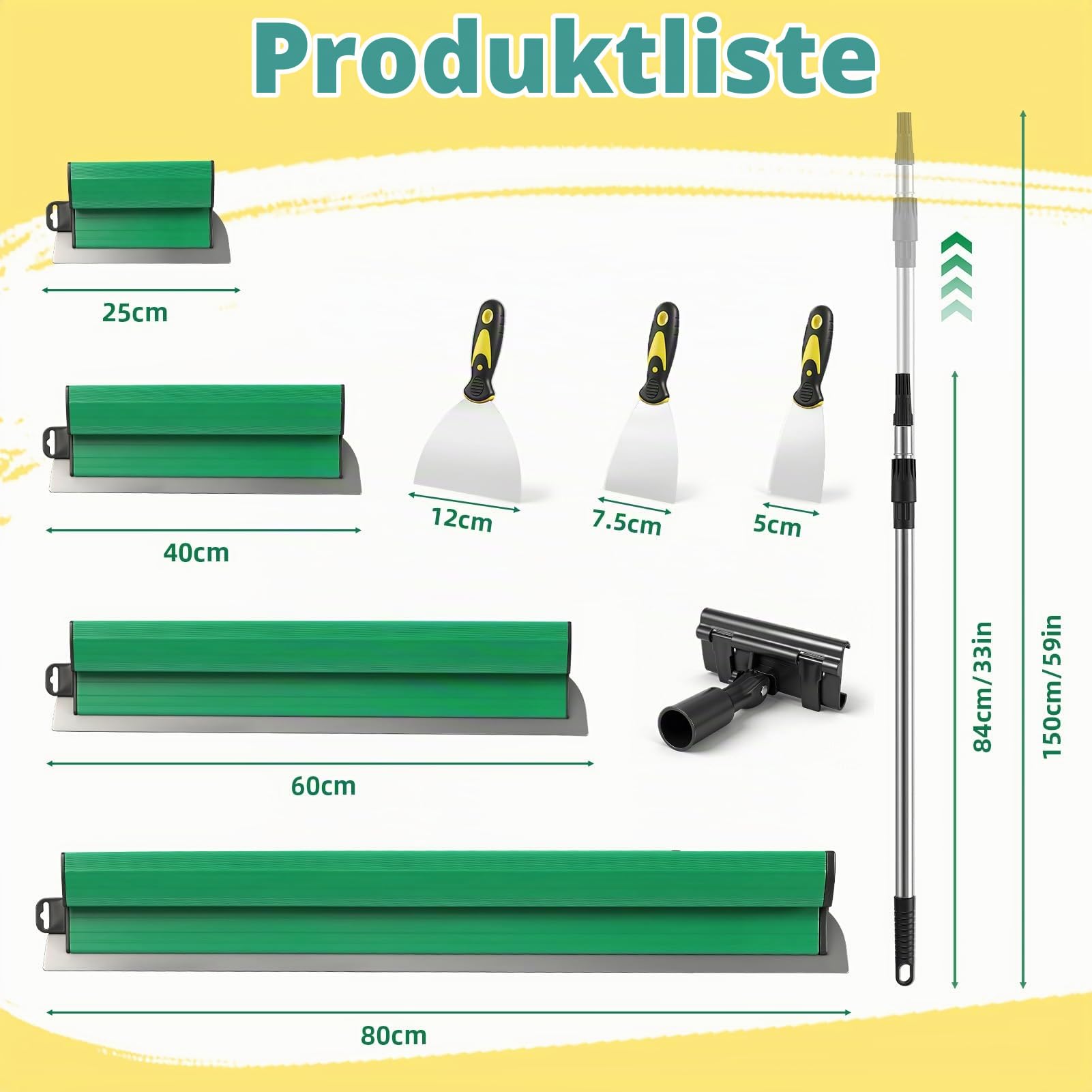 Flächenspachtel Set, Spachtel Werkzeug, Trockenbau Spachtel (25 40 60 80 cm) und 84cm-150cm Teleskopstange - Glättungsspatel-Kit mit 3 Malerspachtel für Verputzen von Wänden & Decken, Tapeten