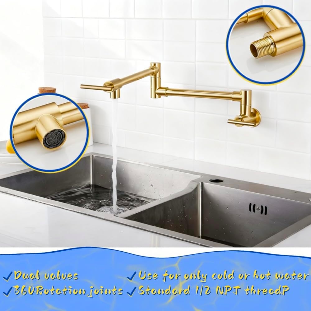 Pot Filler Faucet Brushed Gold, Wall Mount Folding Stretchable Kitchen Stove Faucets, Stainless Steel Pot Filler Faucet with Double Joint Swing Arm Two Handles