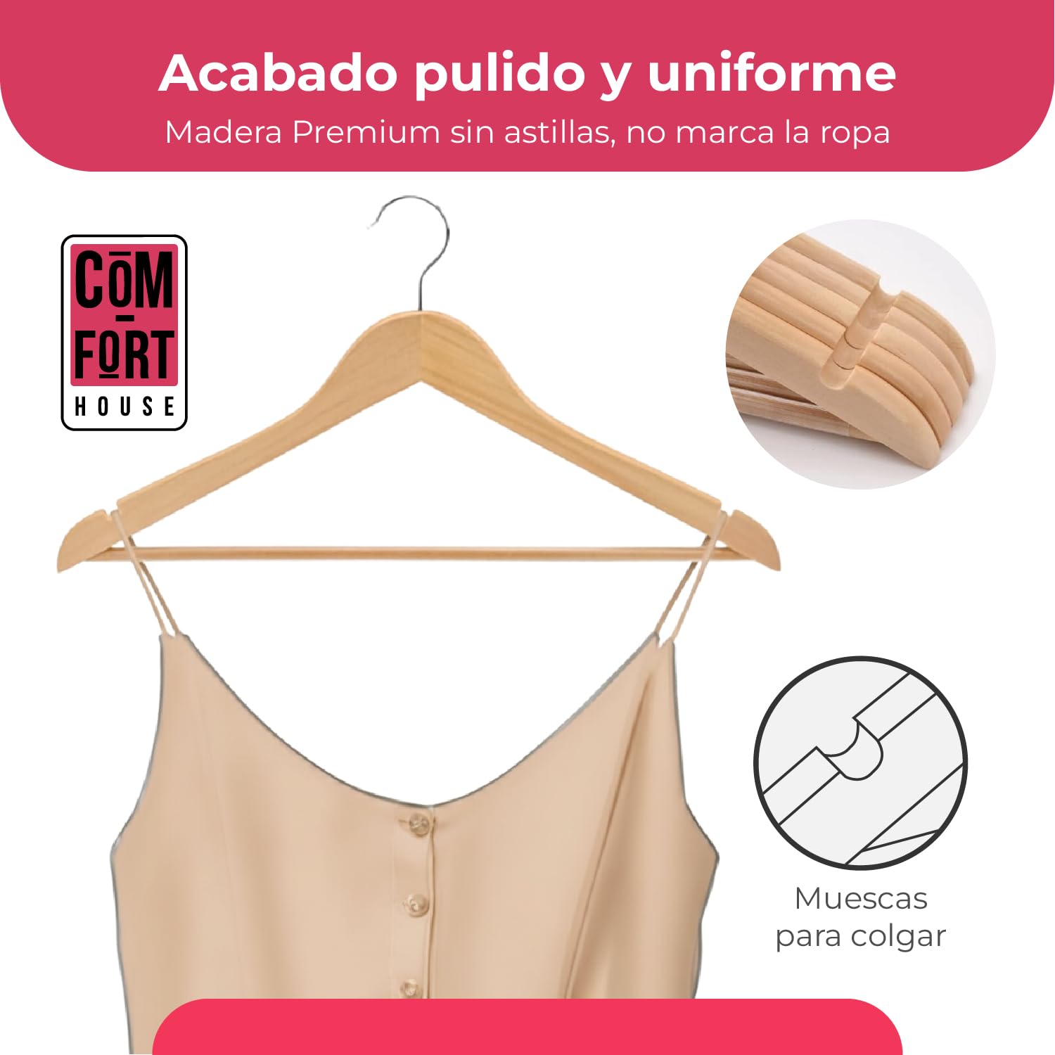 COM-FORT HOUSE – Pack 40 Perchas de Madera Natural Premium con Gancho Giratorio 360° – Resistentes y Elegantes para Armario y Vestidor – Uniformes y Duraderas