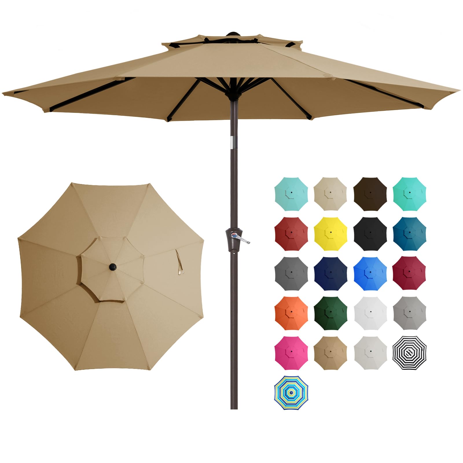 JEAREY 9' 2-Tiers Patio Umbrellas Outdoor Table Market Umbrella w/Push Button Tilt/Crank, 8 Sturdy Ribs, UV Protection Waterproof Sunproof(Sand)