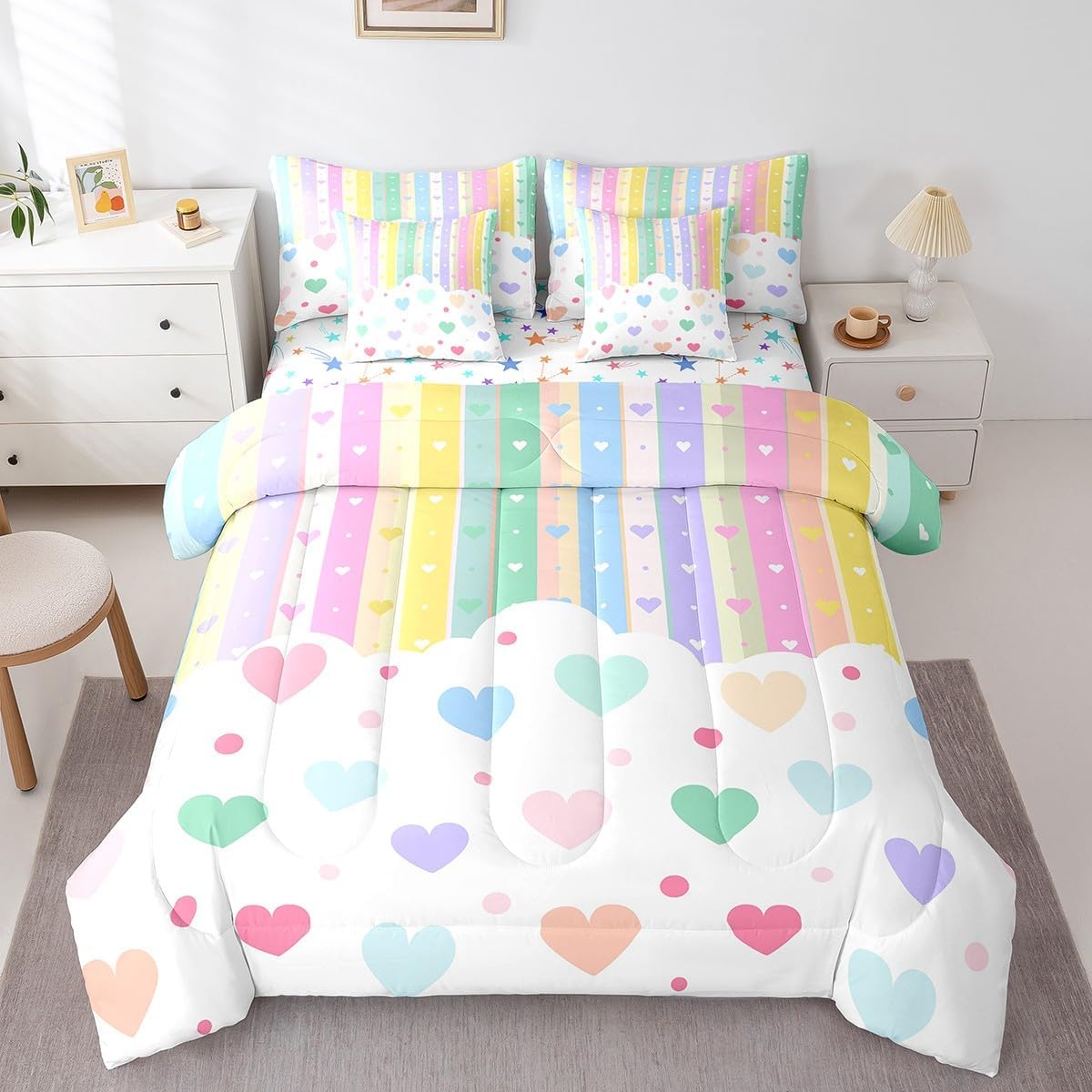 Feelyou Rainbow Stripe 7 Piece Bedding Set Girls Like Queen Size Colorful Love Heart Comforter Set with Sheets for Kids Teens Toddler Cartoon Cute Bed in a Bag Kawaii Bed Set