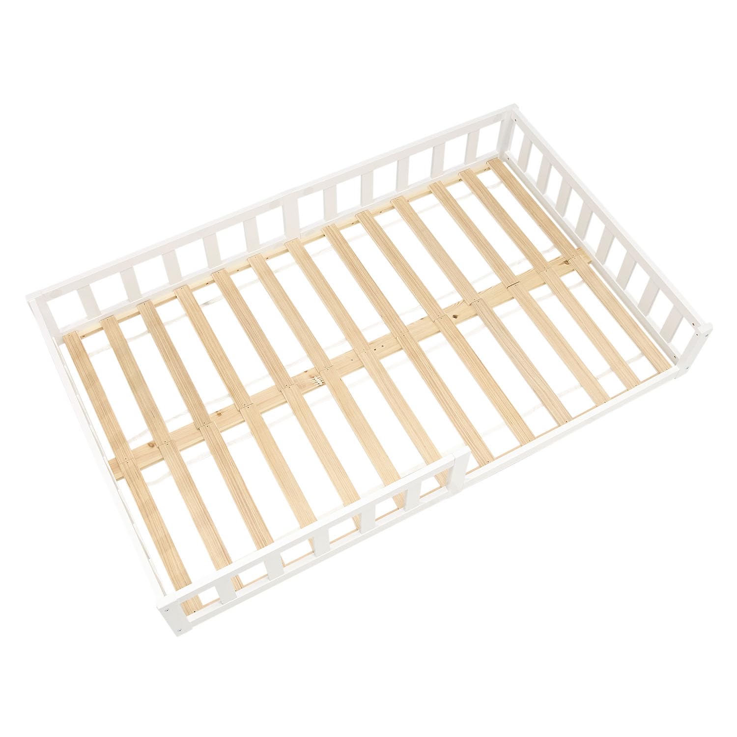 Homestyle4u Montessori 3026 Lit de sol, 120 x 200 cm, en bois, blanc, pour enfant, avec protection anti-chute, matelas et sommier à lattes