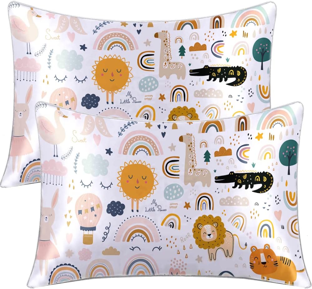 BlessLiving Kids Animals Satin Pillowcases Set of 2 - Nursery Baby Pattern Pillow Shams for Hair and Skin, Satin Girls Boys Pillow Covers with Envelope Closure (Standard(20''x26''))