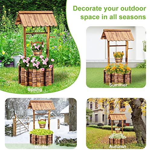 Amopatio Wooden Wishing Well Planters For Outside, Outdoor Garden Decor, Rustic Flower Planter With Adjustable Hanging Bucket For Patio, Front Yard, Indoor #TOP1
