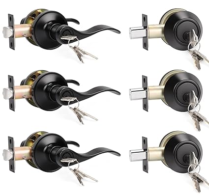 Exterior Door Lock Set with Deadbolt Front Door Entry Lever Lockset with Single Cylinder Deadbolt, Aged Matte Black (3 Pack) - Keyed Alike