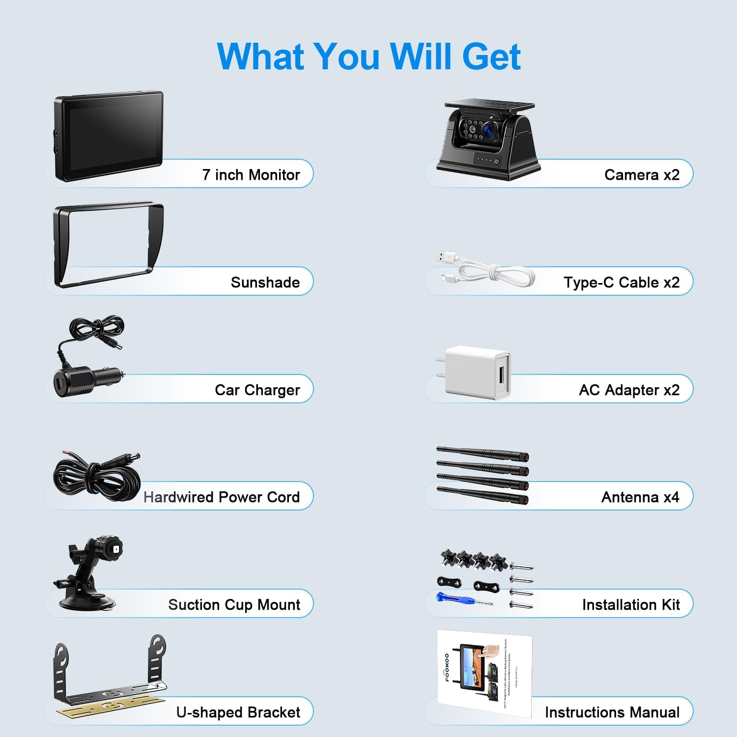 Contents of the Fookoo backup camera system box