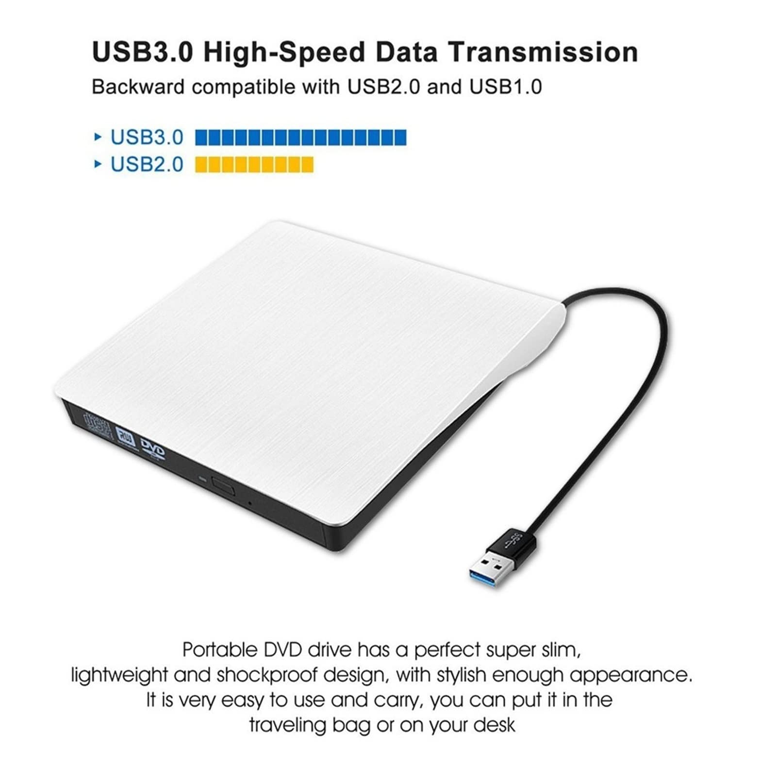 Externe DVD Conduire USB 3.0 Portable CD DVD RW BUILLER OPTICLE du Joueur D'OPTICLE DE LIGNEUR DE LIGNEUR du Partage(White lampshade)