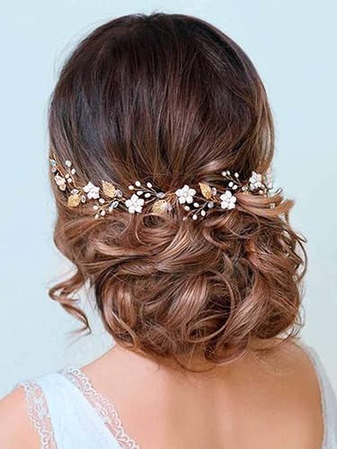 BAROGIRL Diadema de novia para boda, con flores doradas, perlas y perlas, accesorios para el cabello para mujer (dorado)
