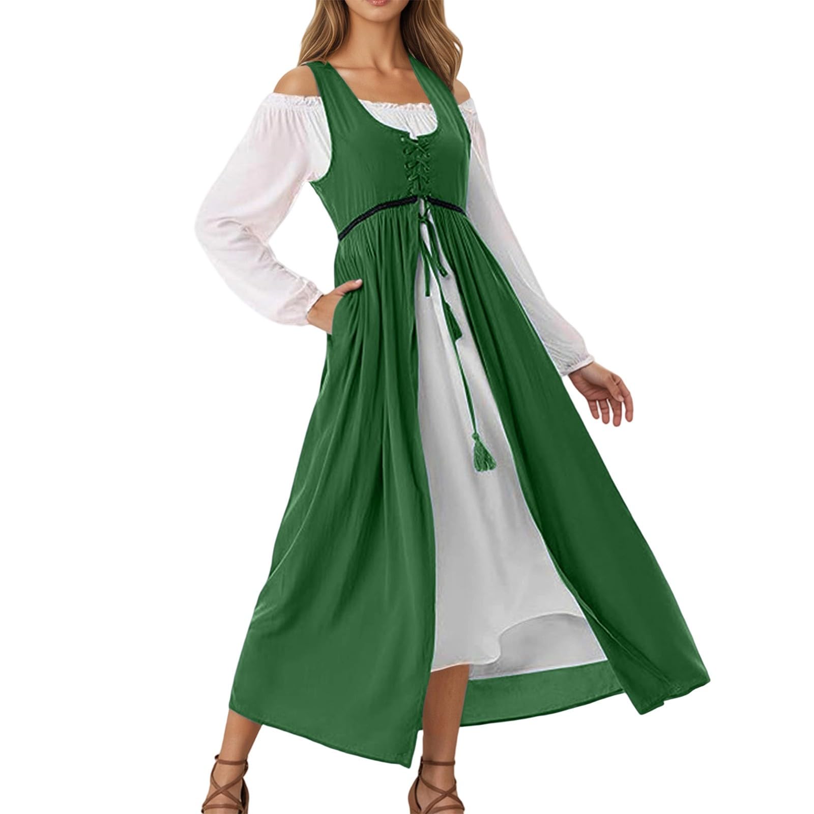Trachtenkleid Damen Oktoberfest Outfit im Gothic-Stil, mittelalterliches Langarmkleid für Cosplay historische Nachstellung