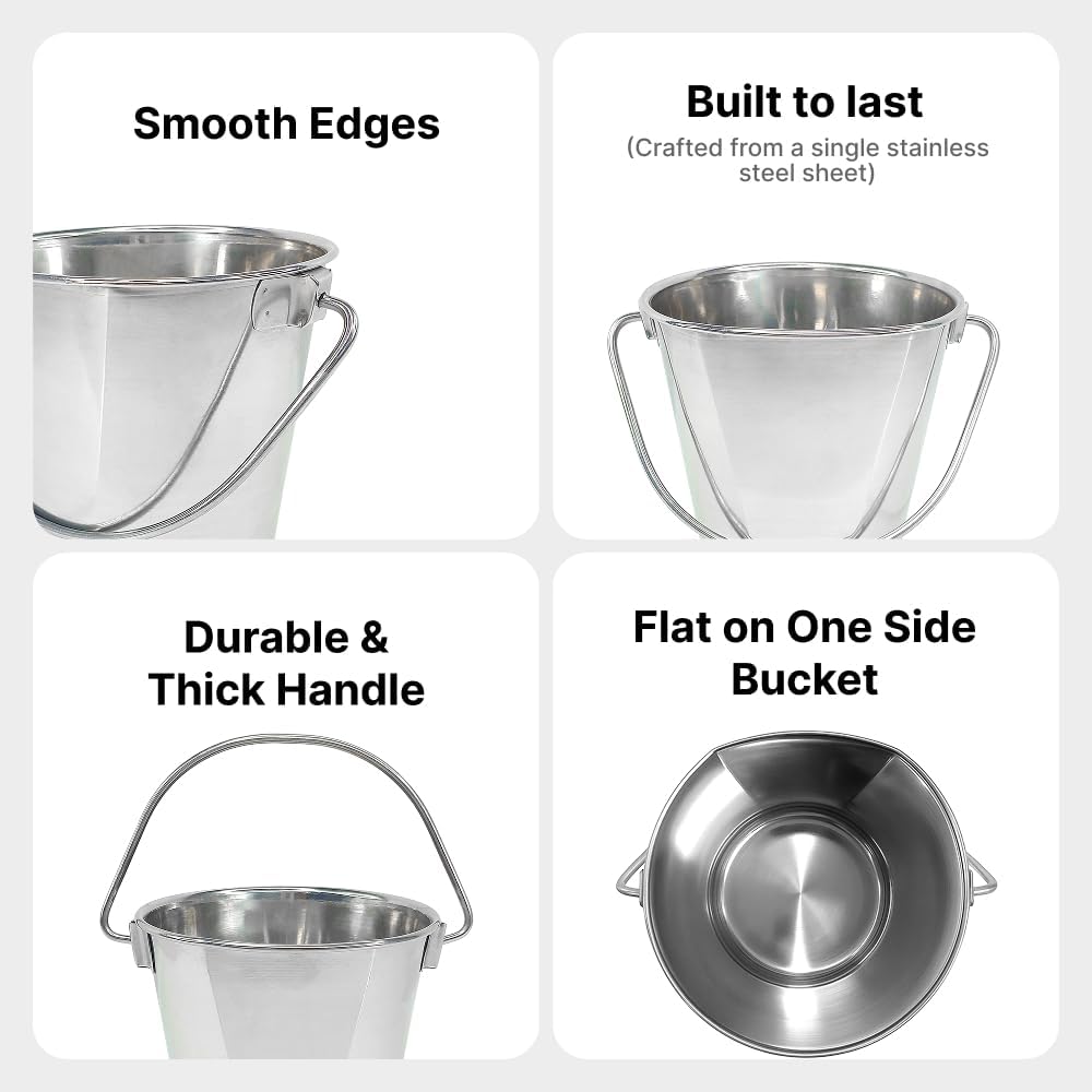 Heavy Duty Stainless Steel Bucket 2 Quart - Half Gallon Flat Side Metal Bucket for Feeding & Watering Pets, Livestock & Cleaning - Perfect for Crates, Kennels, Cages & Hang on Fences