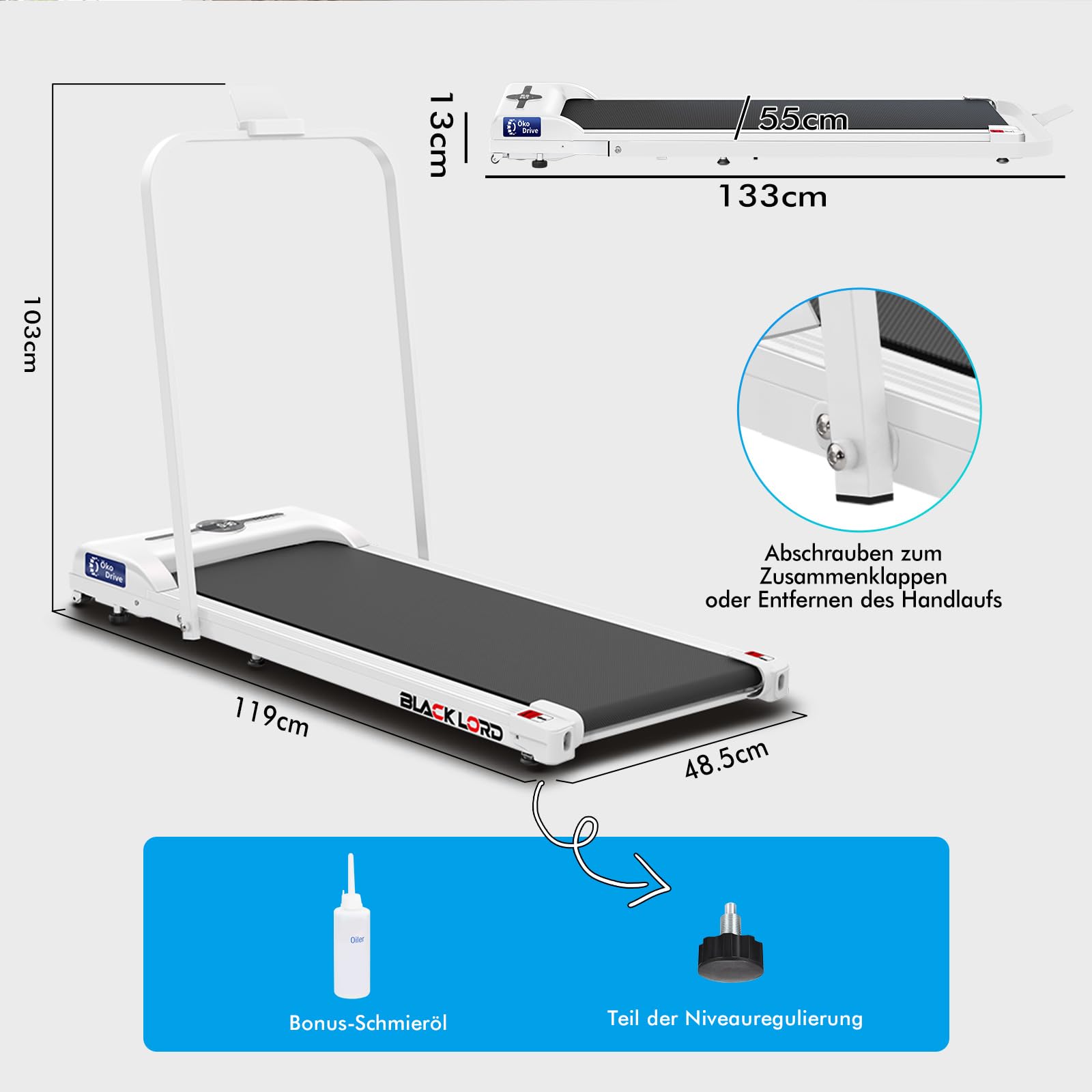 BLACK LORD Laufband, Walking pad 9/12/16 km/h, Laufmattemit/ohne 9% Steigung, unter dem Schreibtisch,tragbar, leise, LED-Display, App, 120/130/140 kg Belastbarkeit, Zuhause und Büro, 2,2/3,0/3,2 PS