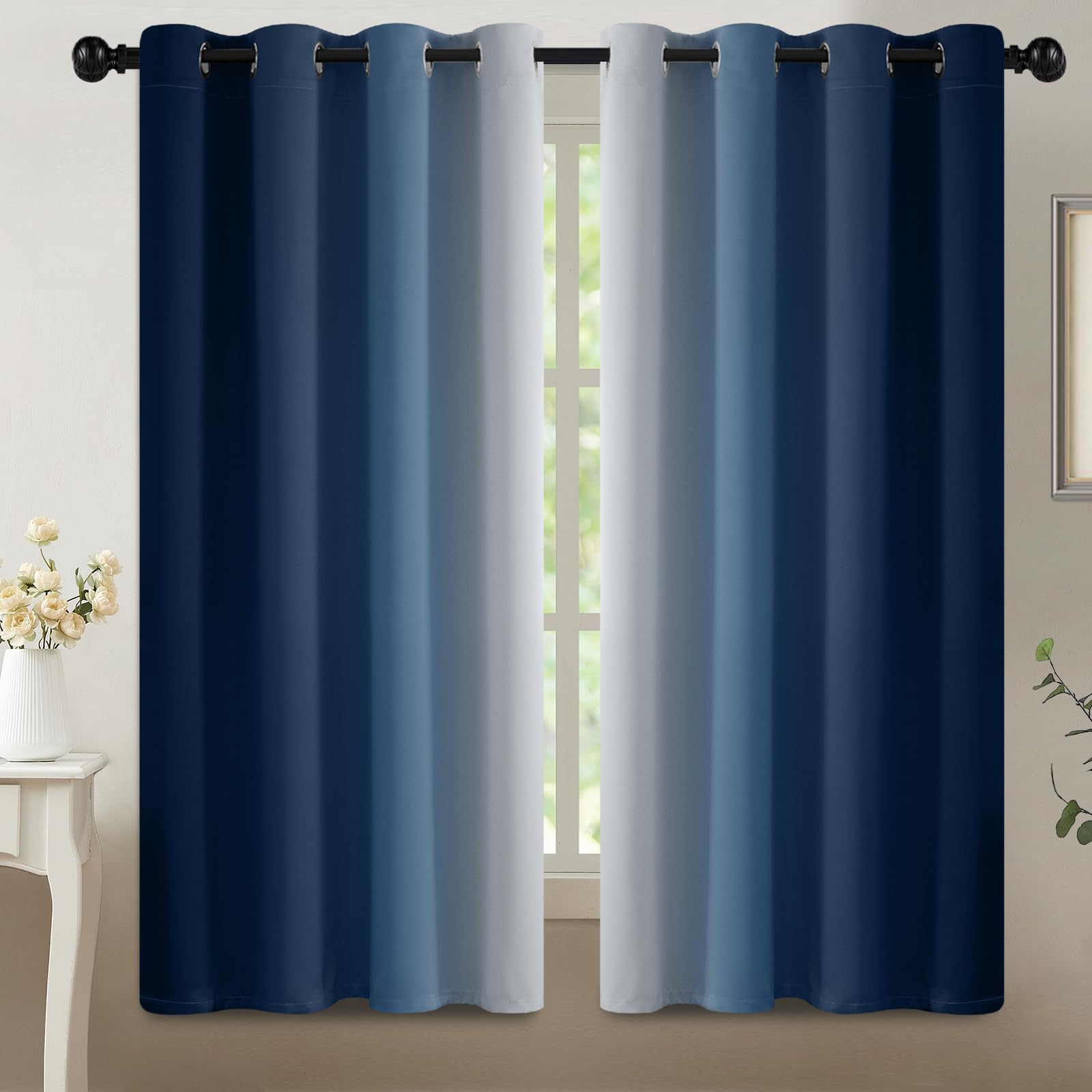 Limay Ombre Room Darkening Curtains for Bedroom, Gradient Grommet Blue to Grey White Light Blocking Thermal Insulated Window Curtain/Drapes for Living Room,2 Panels, 52x63 inches Length