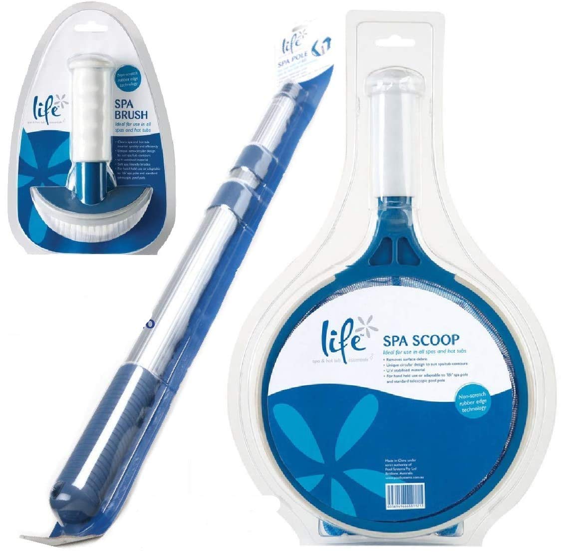Life Épuisette de Fond + Brosse + Manche télescopique pour piscines et spas, hydromassage, rigides ou gonflables (Teuco, Jacuzzi, Intex, Bestway, etc)
