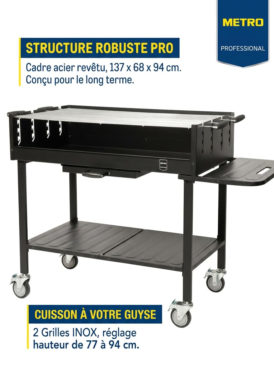 METRO Professional Barbecue DELUXE au charbon de bois sur roulettes, 137 x 68 x 94 cm, housse de protection et tablette, acier/inox, noir