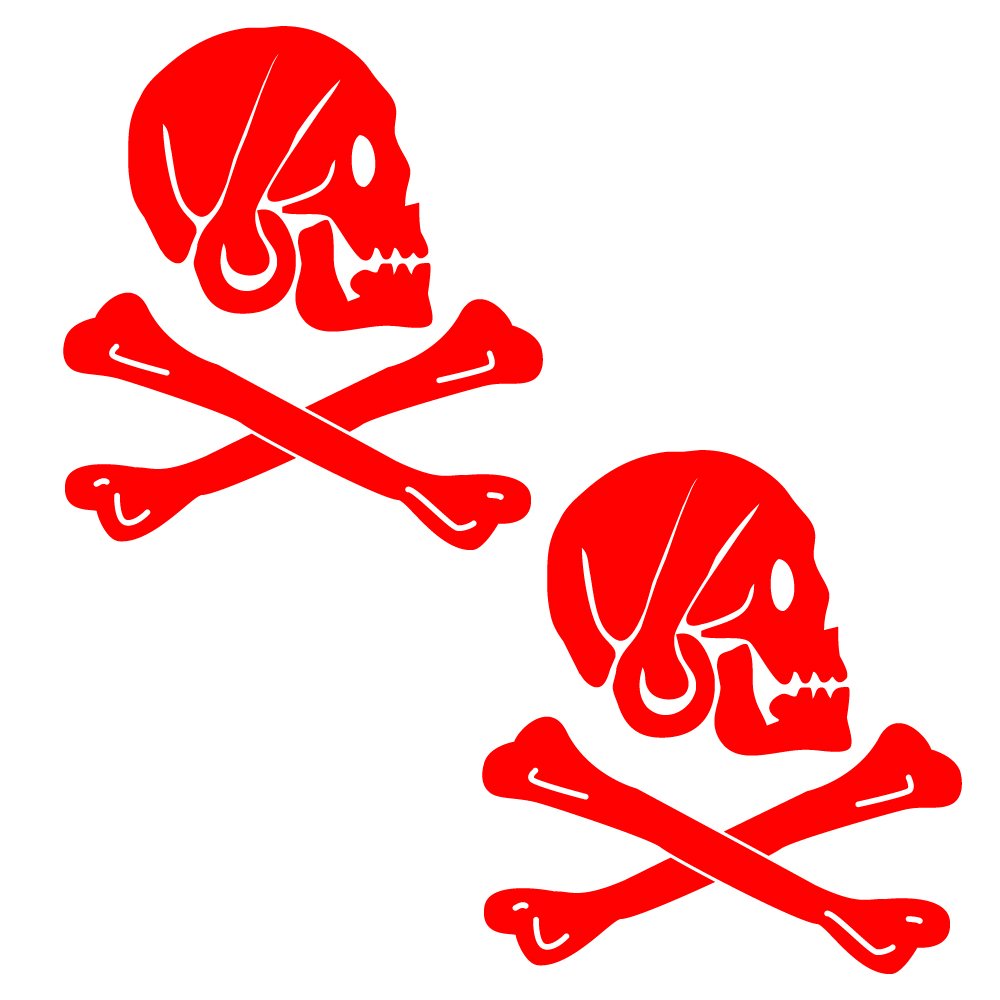PPFS-JR06-6-GRED - Gloss Red Vinyl "Jolly Roger" Pirate Flag Symbol Decal - Henry "Long Ben" Every (Evory / Avery / Henry Bridgeman) Skull w/ Skullcap & Crossbones (Crossed Bones) Design - Matching Pair - (2) Piece Kit - 4.5-by-5-inches