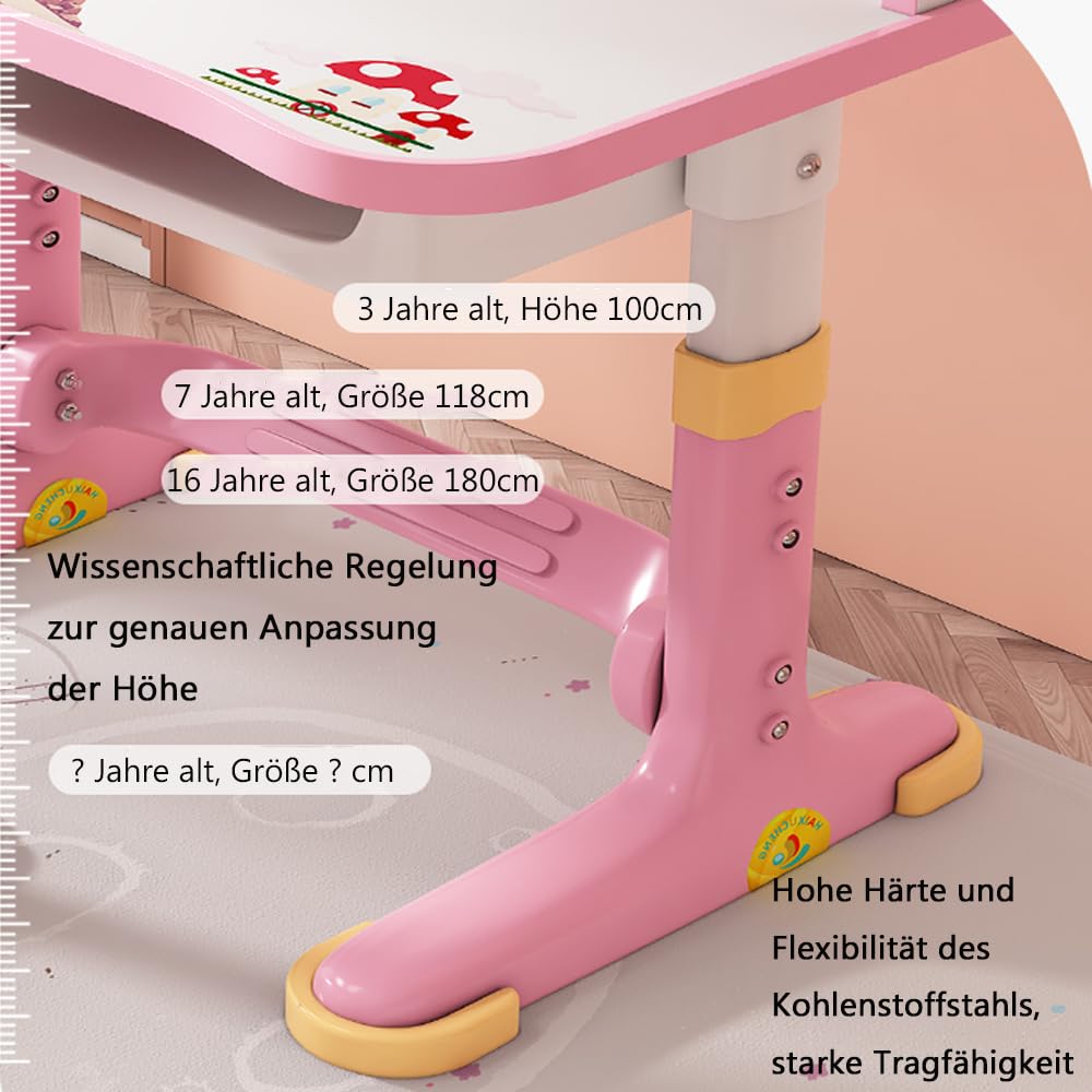Kinderschreibtisch und Stuhl Set, Höhenverstellbar Schreibtisch Kinder Mit Schubladen und Bücherregalen, Cartoon Schreibtisch Bücherregal für Jungen und Mädchen zu Studieren (Rosa Schloss)