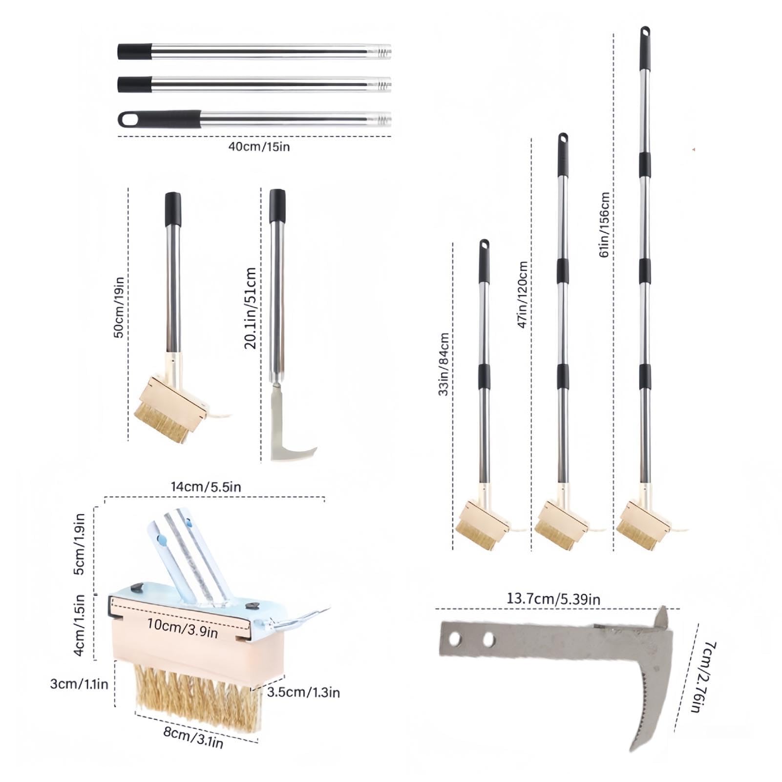 Ensemble d'outils de désherbage 2 en 1 avec Manche réglable de 63 Pouces de Long, Brosse de désherbage en Acier Inoxydable et kit d'outils à Crochet pour Patio, allée, Trottoir