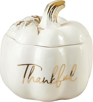 Kate Aspen Thankful White Pumpkin Bowl - Ceramic Decorative Pumpkin Decor Candy Dish With Lid, Fall Candy Dish, Thanksgiving Bowl, Fall Decorations for Home, Kitchen Decor, Thanksgiving Decorations