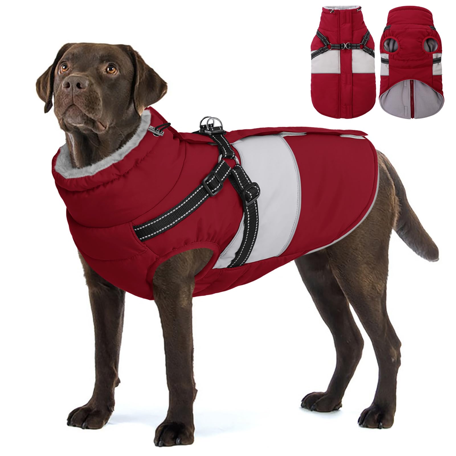 AOFITEE Hundemantel Winter, Wasserdicht Warme Hundejacke Wintermantel für Große Hunde, Reflektierend Hunde Wintermäntel mit Geschirr, Reißverschluss, Warme Outdoor Hundebekleidung für Kaltes Wetter