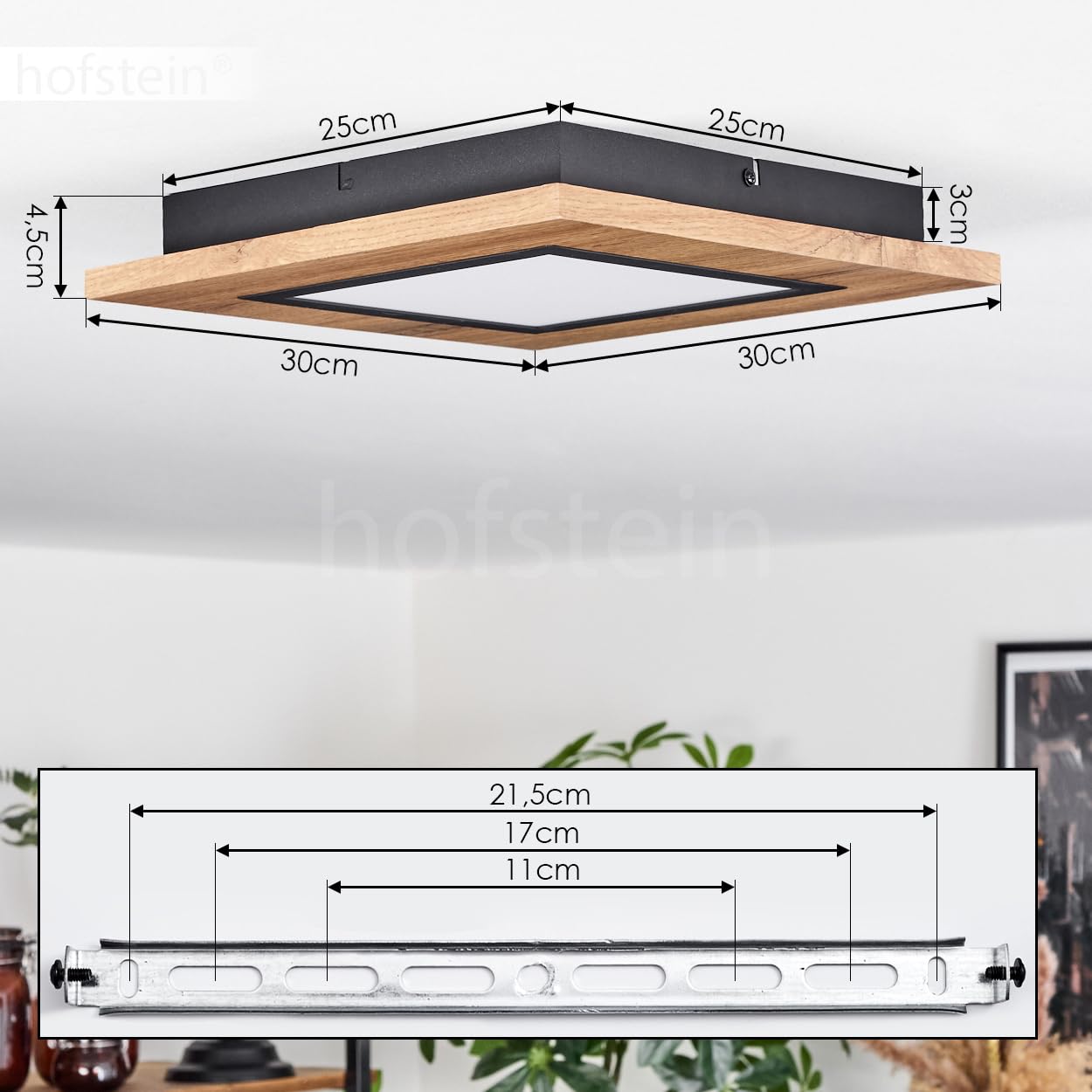 Lampa przysufitowa LED Salmi, lampa przysufitowa wykonana z metalu/MDF/plastiku w kolorze czarnym/o wyglądzie drewna/brązowym/białym, światło kątowe (30 cm x 30 cm), 1200 lumenów, 3000 K, LED 12 W