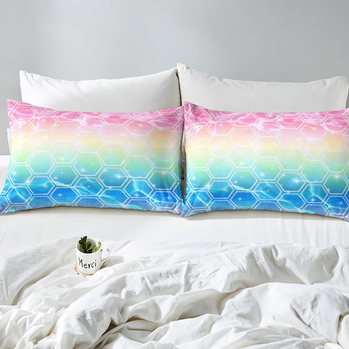 Loussiesd Honeycomb Duvet Insert Hexagonal Beehive Geometrical Bedding Set For Kids Adults Gradient Blue Pink Yellow Soft Simplistic Galaxy Double Size Warm 3 Pcs - Image 4