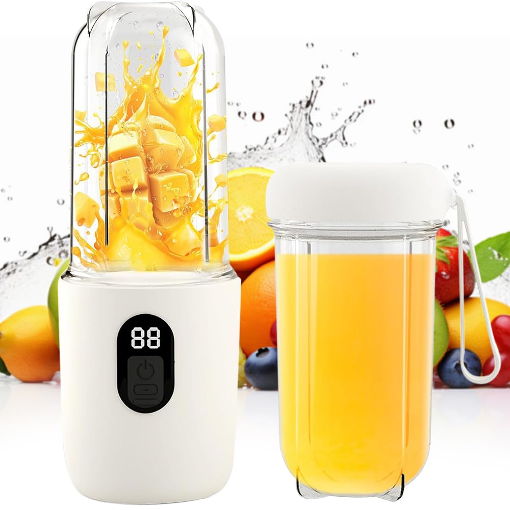 Portable Cup Blender, 500 ml Electric Portable Blender, USB Rechargeable Smoothie Blender with 16 Blades and LED Display, Portable Blender for Sports, Travel, Hiking (White)