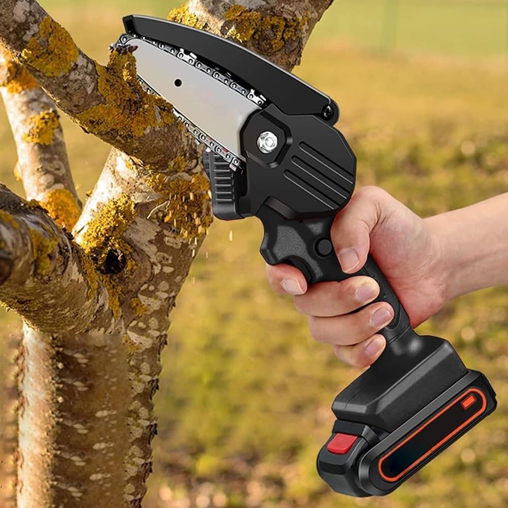 Mini motosierra a batería 48 V recargable con 2 baterías, motosierra eléctrica portátil hoja 4 pulgadas para poda árboles y ramas, sierra eléctrica de una mano con maletín