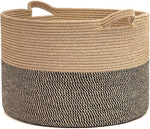 INDRESSME Extra Large Woven Baskets for Storage, 21.7 x 13.8 Blanket Basket Living Room Wicker Storage Basket for Organizing Woven Laundry Basket for Toy Pillow Shoe Basket for Entryway, Black Jute