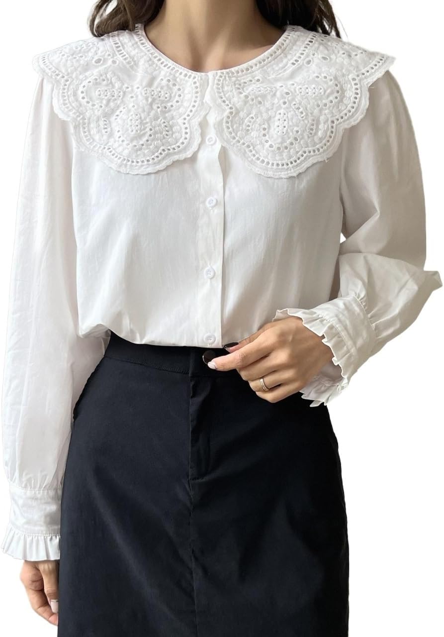 Women's Classic-Fit Shirt Embroidery Collar Flounce Sleeve Blouse,Long Sleeve