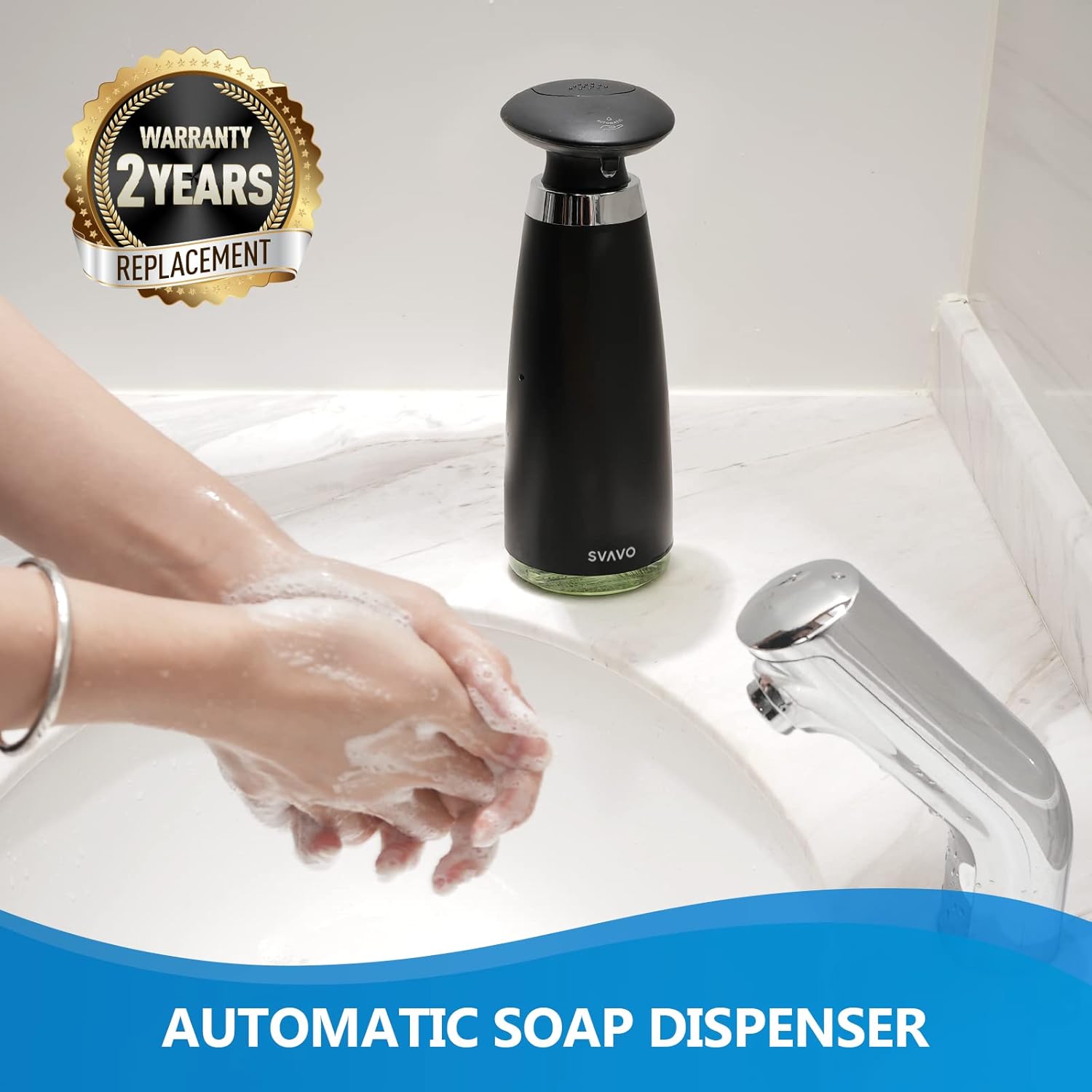 Image showing the top-loaded battery compartment of the SVAVO Automatic Soap Dispenser with AAA batteries being inserted.