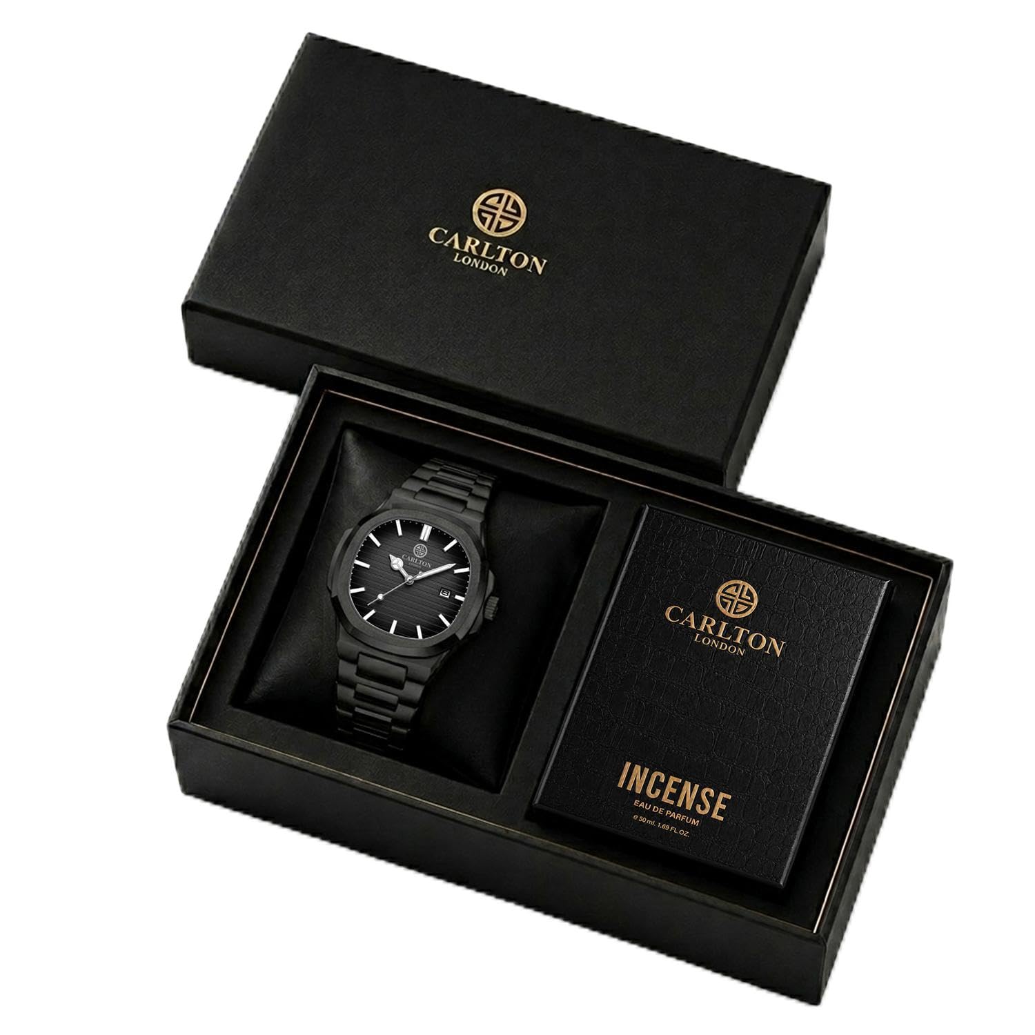carlton london Men’s Luxury Gift Set – Stealth Black Analog Watch with Stainless Steel Chain Strap and Incense Combo Box | Premium Birthday, Wedding Gift Set for Men-picture-15