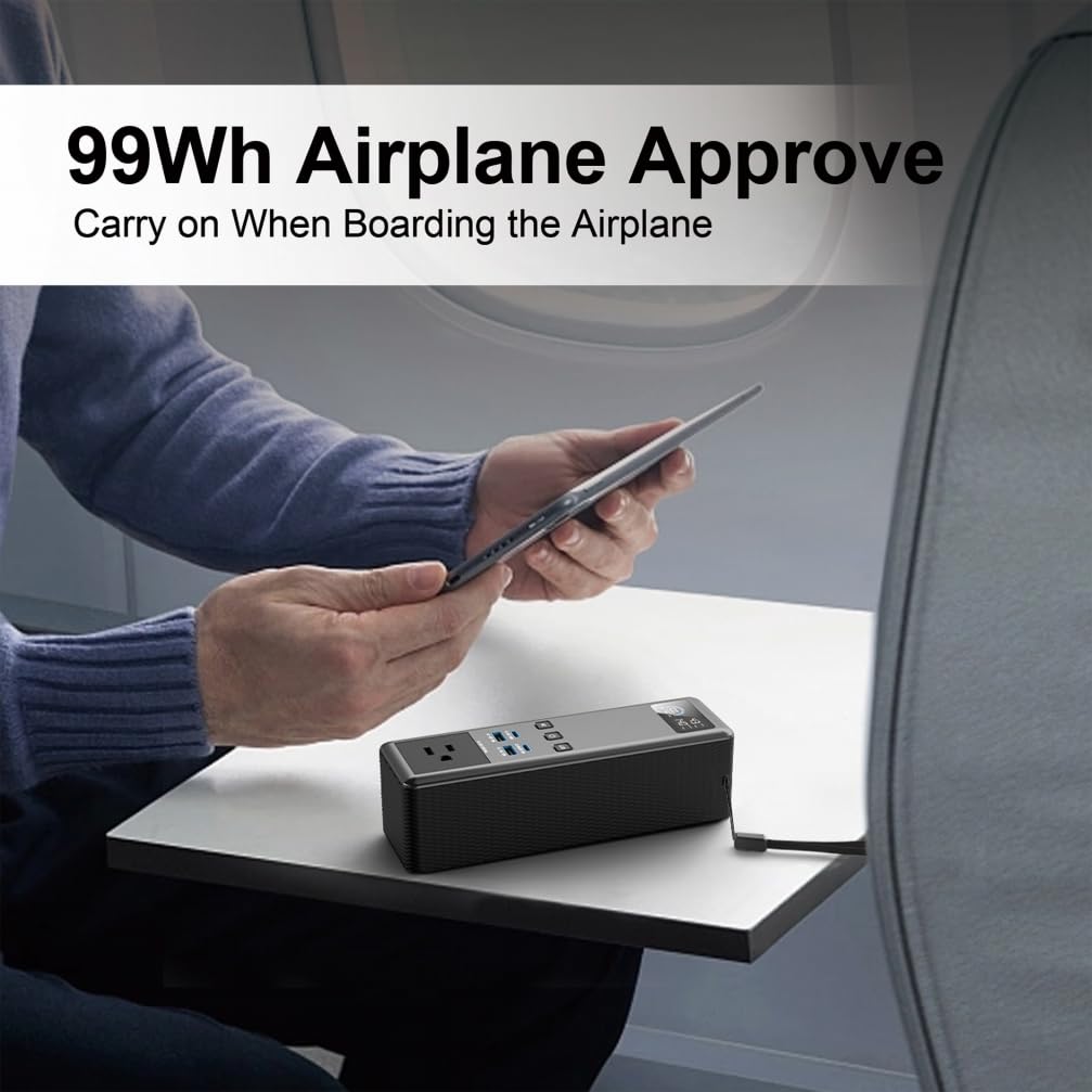 Stazione di alimentazione portatile da 99 Wh, presa CA da 150 W, approvata per aerei, 100 W PD USB-C, batteria compatta per campeggio, viaggi e emergenze