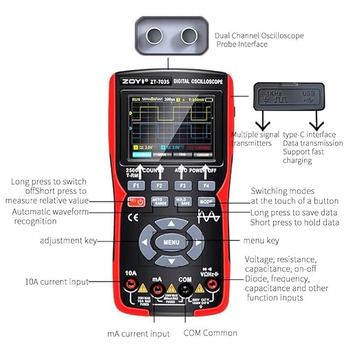 703S 3-in-1-Handheld-Oszilloskop-Multimeter-DDS-Generator, Zweikanal-Bandbreite 50 MHz, 280 MSa/s professionelles Oszilloskop mit hoher Abtastrate, 25000-Zähl-Digitalmultimeter, Voltmeter, 2*P2060-Son