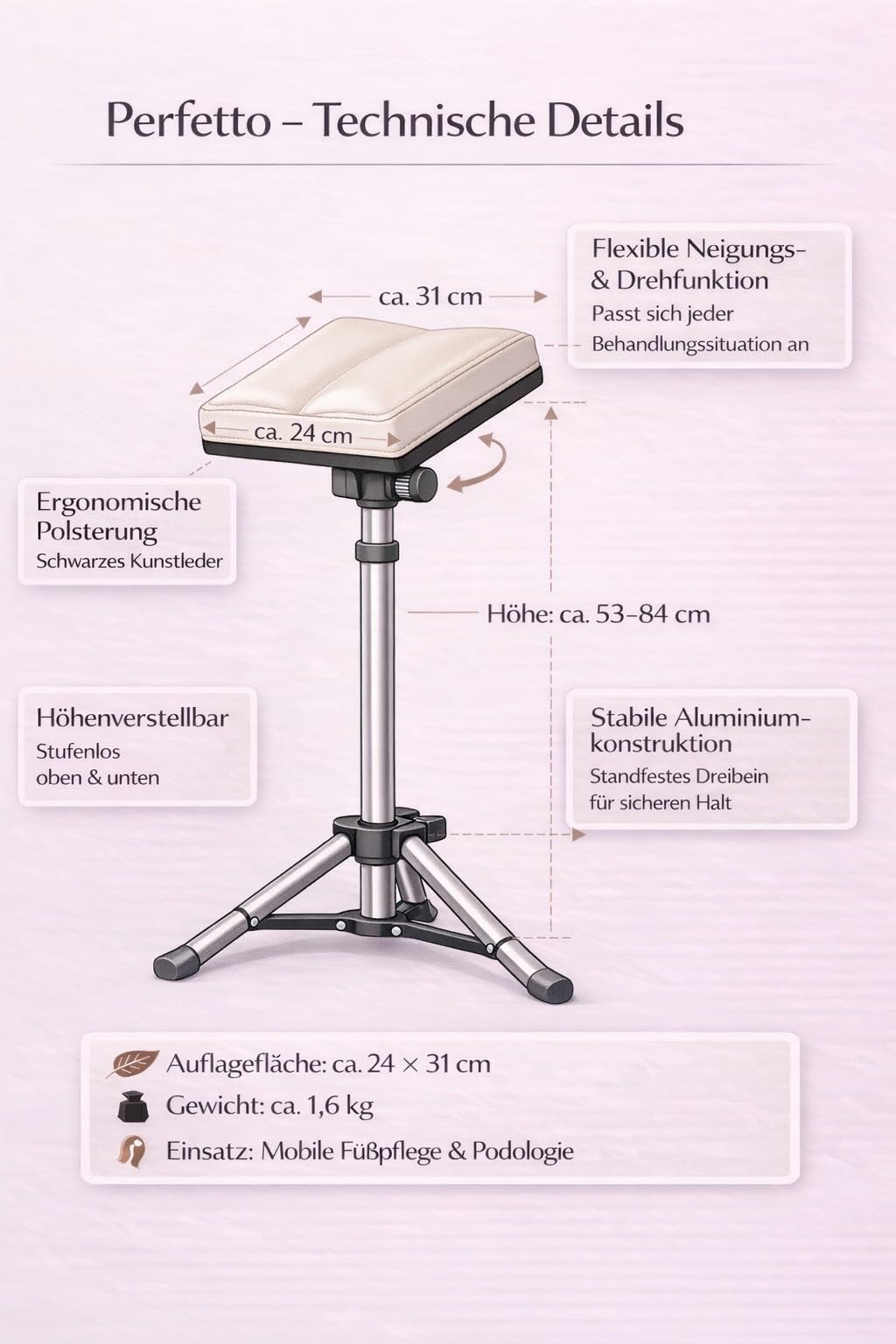 Perfetto XL Beinstütze für mobile Fußpflege & Podologie – höhenverstellbare Beinauflage aus Aluminium – leicht & stabil mit Tragetasche | CS Kosmetikvertrieb