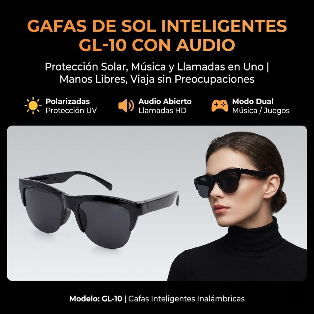 Genérico Gafas Inteligentes de Sol Bluetooth con IA y Traducción de Voz,Smart Glasses Audio para Llamadas y Música, Micrófono Antirruido para Bici y Running, Compatibles con iOS y Android - Negro